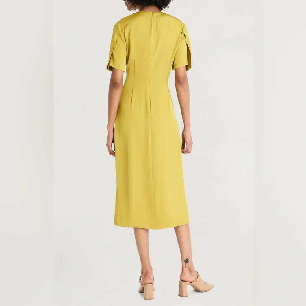 NEW Luxely Pleated Silky Chartreuse Wrap-Style Dress - Picture 6 of 8